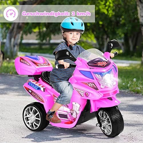 GOPLUS Moto Electrica para Niños de 3 a 7 Años con Batería 6V, Motocicleta Eléctrica con Luz Música Pedal Caja de Almacenaje, 3 KM/H, 3 Ruedas, Vehículos de Carga Máxima 25 KG, 82×36×52,5 CM, Rosa