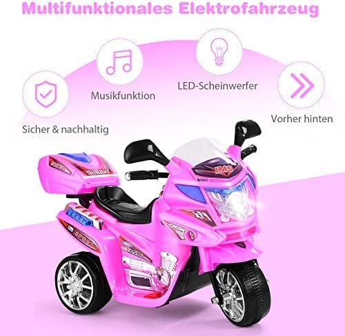 GOPLUS Moto Electrica para Niños de 3 a 7 Años con Batería 6V, Motocicleta Eléctrica con Luz Música Pedal Caja de Almacenaje, 3 KM/H, 3 Ruedas, Vehículos de Carga Máxima 25 KG, 82×36×52,5 CM, Rosa