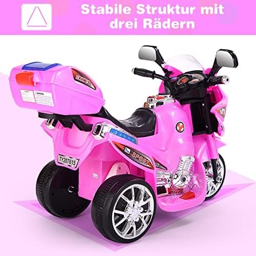 GOPLUS Moto Electrica para Niños de 3 a 7 Años con Batería 6V, Motocicleta Eléctrica con Luz Música Pedal Caja de Almacenaje, 3 KM/H, 3 Ruedas, Vehículos de Carga Máxima 25 KG, 82×36×52,5 CM, Rosa