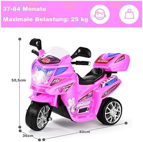 GOPLUS Moto Electrica para Niños de 3 a 7 Años con Batería 6V, Motocicleta Eléctrica con Luz Música Pedal Caja de Almacenaje, 3 KM/H, 3 Ruedas, Vehículos de Carga Máxima 25 KG, 82×36×52,5 CM, Rosa