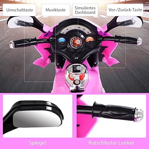 GOPLUS Moto Electrica para Niños de 3 a 7 Años con Batería 6V, Motocicleta Eléctrica con Luz Música Pedal Caja de Almacenaje, 3 KM/H, 3 Ruedas, Vehículos de Carga Máxima 25 KG, 82×36×52,5 CM, Rosa