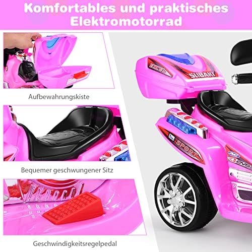 GOPLUS Moto Electrica para Niños de 3 a 7 Años con Batería 6V, Motocicleta Eléctrica con Luz Música Pedal Caja de Almacenaje, 3 KM/H, 3 Ruedas, Vehículos de Carga Máxima 25 KG, 82×36×52,5 CM, Rosa